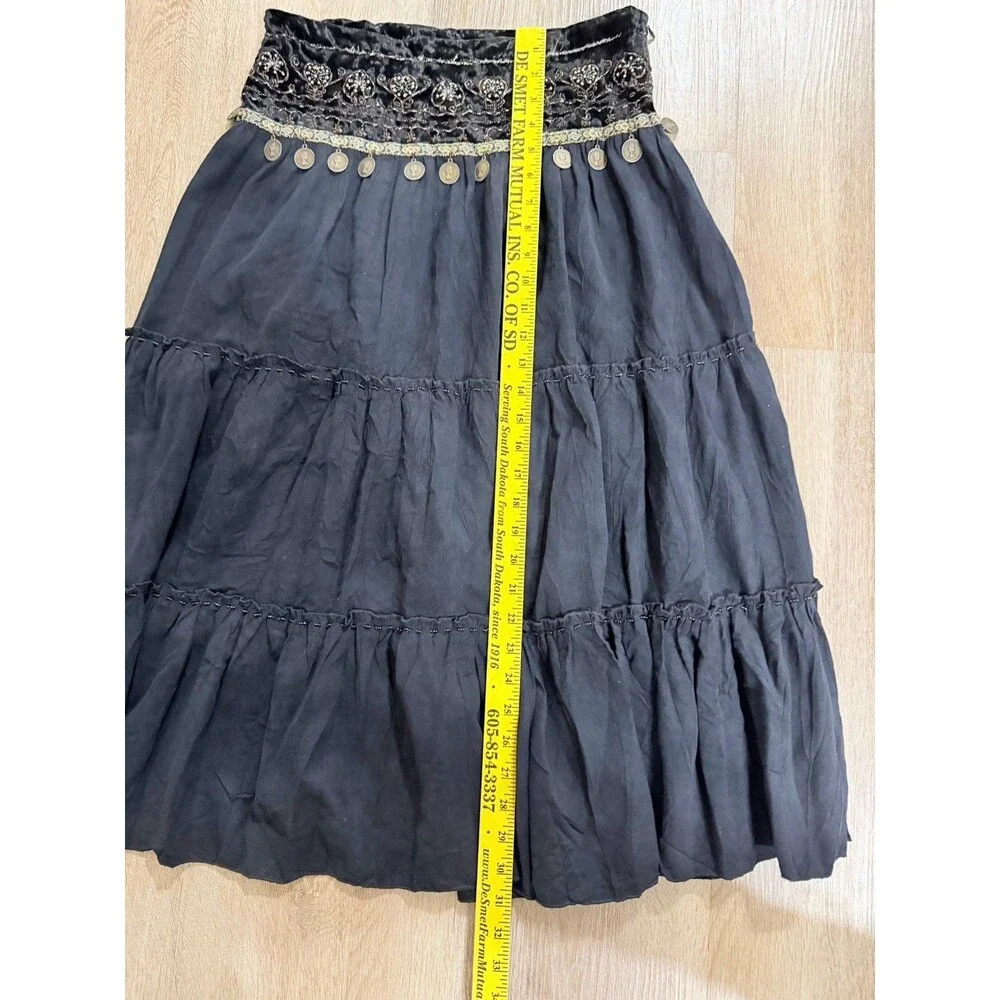 Women’s Black Tiered Midi Skirt Elastic Waist Embroidered Beaded Coin Trim Boho